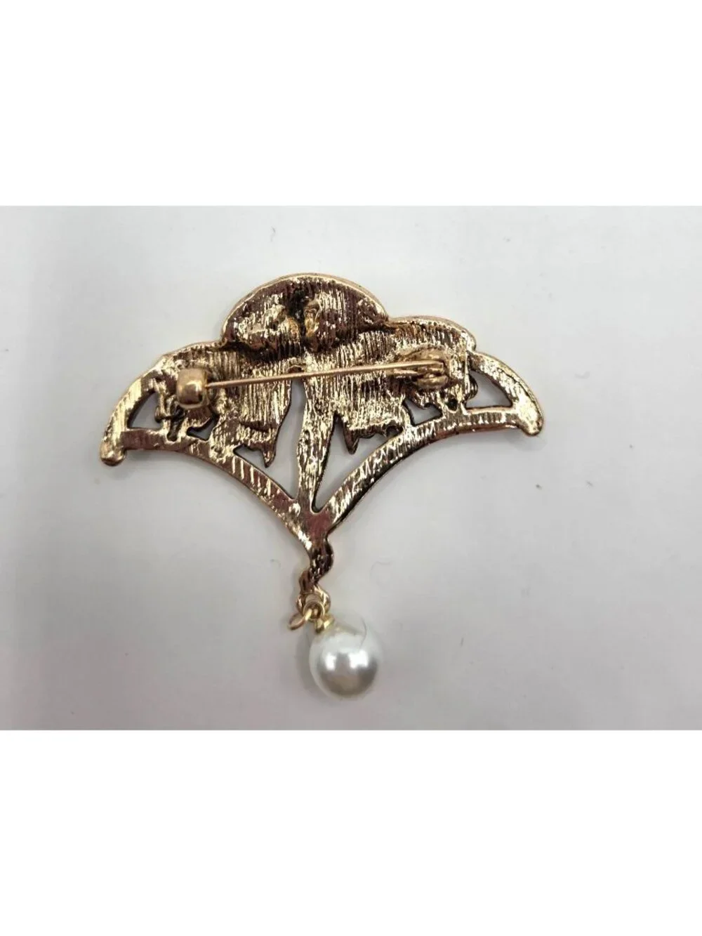 Art Nouveau Fairy Enamel Pin Brooch With Rhinestones & Pearl Accent